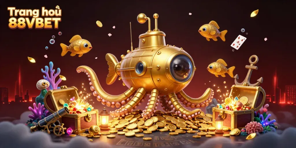 Engage in thrilling gameplay at Trang chủ 88VBET with immersive 3D animation featuring a golden kraken amidst sparkling coins and game elements.
