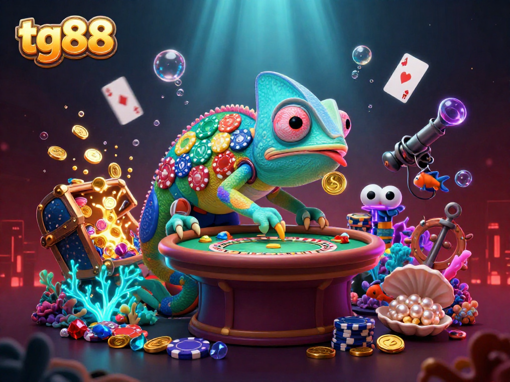 Experience tg88's vibrant casino world with a chameleon owner snatching golden coins amidst gaming excitement.