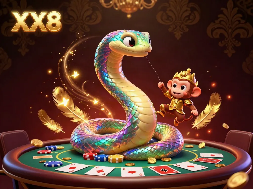Engage with the vibrant world of XX8 featuring a colorful rainbow serpent and monkey king at a poker table.