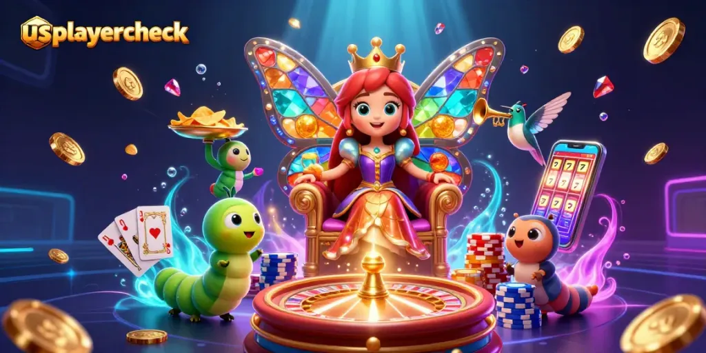 Join usplayercheck's vibrant casino scene with a butterfly queen and lively game elements.