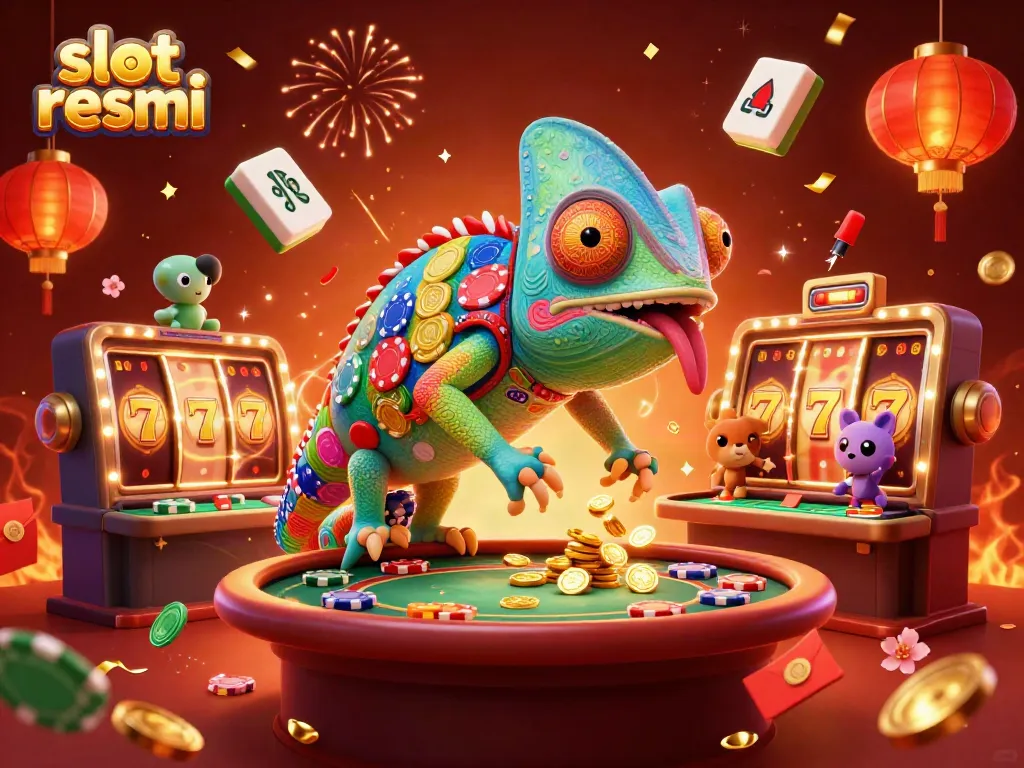 Celebrate big wins with slot resmi featuring an animated chameleon owner amidst vibrant casino games and festive elements.