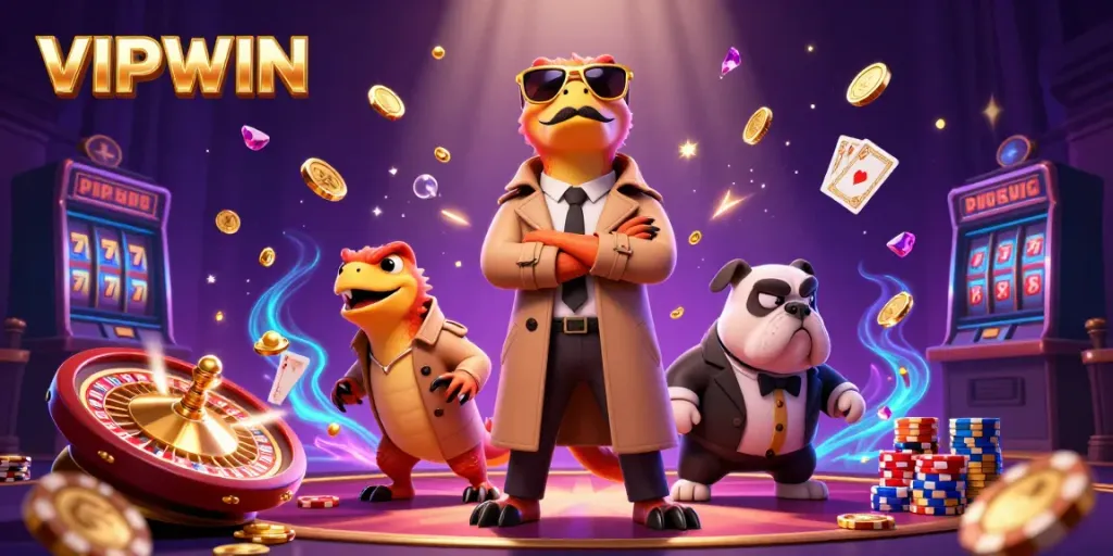 Experience VIPWIN in a fun casino scene with raptors and stunning game elements.