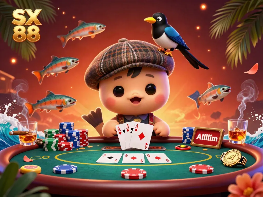 Experience the vibrant SX 88 casino with playful characters and dynamic poker elements.