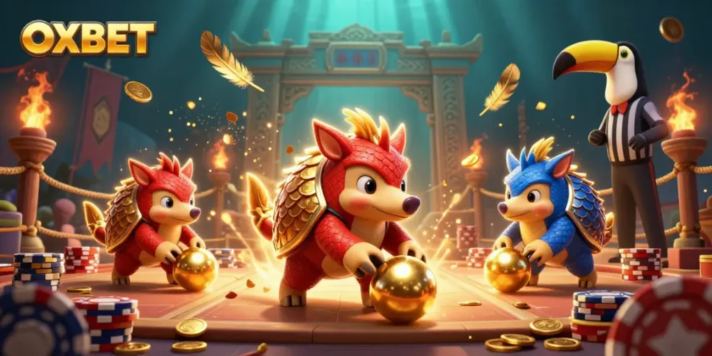 OXBET pangolins bowling through poker chips in a vibrant illustrated casino scene.