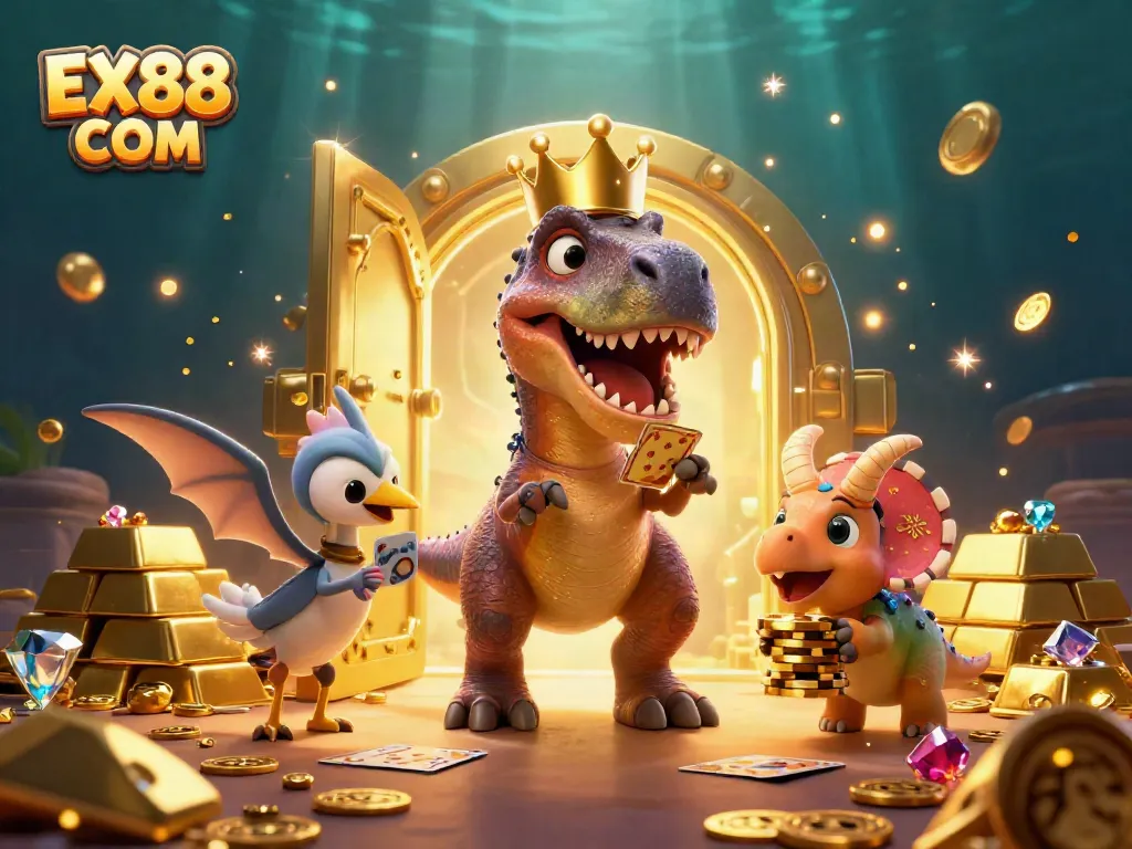 Engaging 3D illustration of EX88 COM featuring casino-themed dinosaurs surrounded by treasure elements.