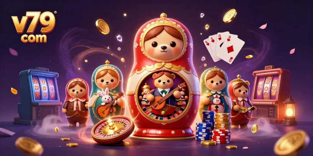 Experience the dynamic atmosphere of v79 com with colorful casino-themed characters and vibrant game elements.