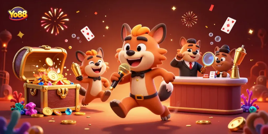Experience the thrilling Yo88 casino atmosphere with hyenas engaging in hilarious antics, showcasing vibrant gaming elements and lively celebrations.