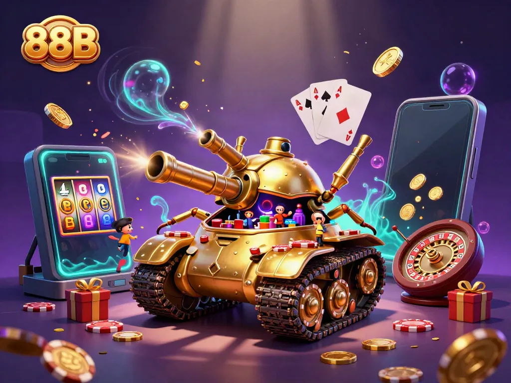 Experience excitement with 88B in this vibrant casino-themed illustration featuring a miniature casino.