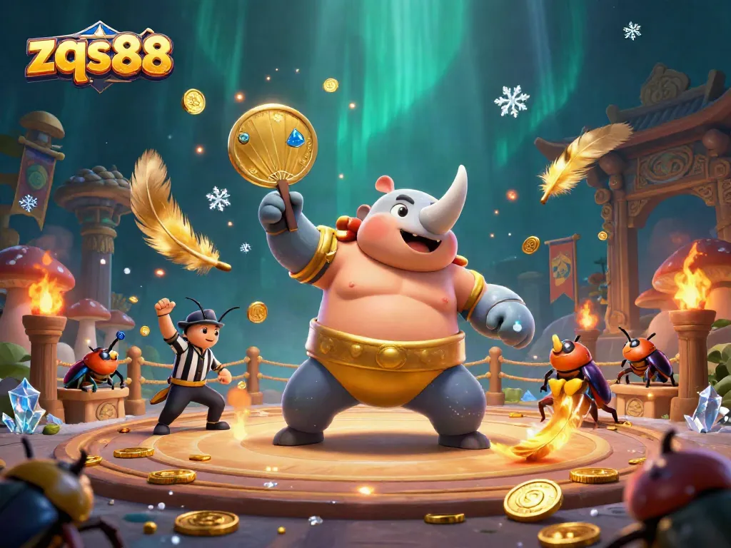 Engaging zqs88 gaming scene showcasing a beetle sumo champion surrounded by gold coins and excited spectators.