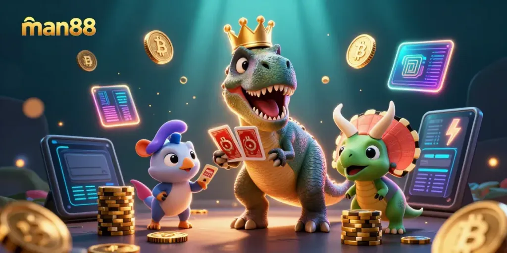 Experience thrilling gameplay with man88, featuring colorful characters shuffling cards and stacking chips in a vibrant casino scene.
