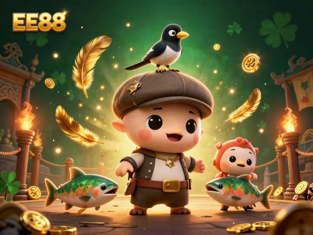 Join the fun with EE88 in this vibrant 3D illustration showcasing a playful Nessie and friends among casino elements.