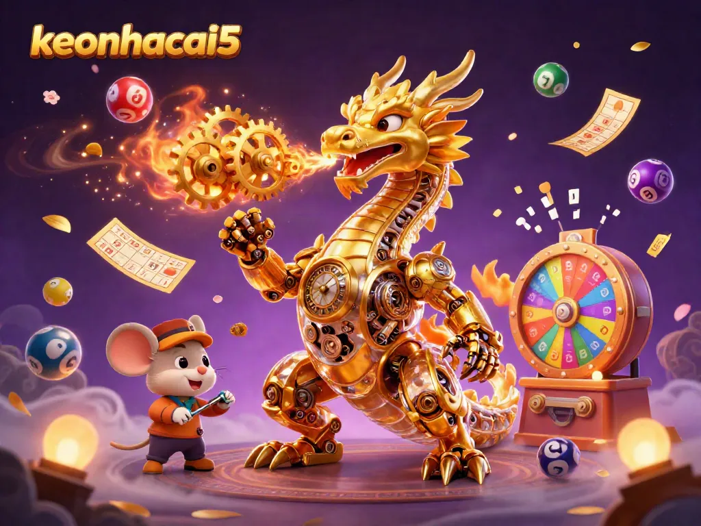 Engage with keonhacai5's thrilling lottery scene featuring a golden dragon, vibrant balls, and dynamic casino elements.