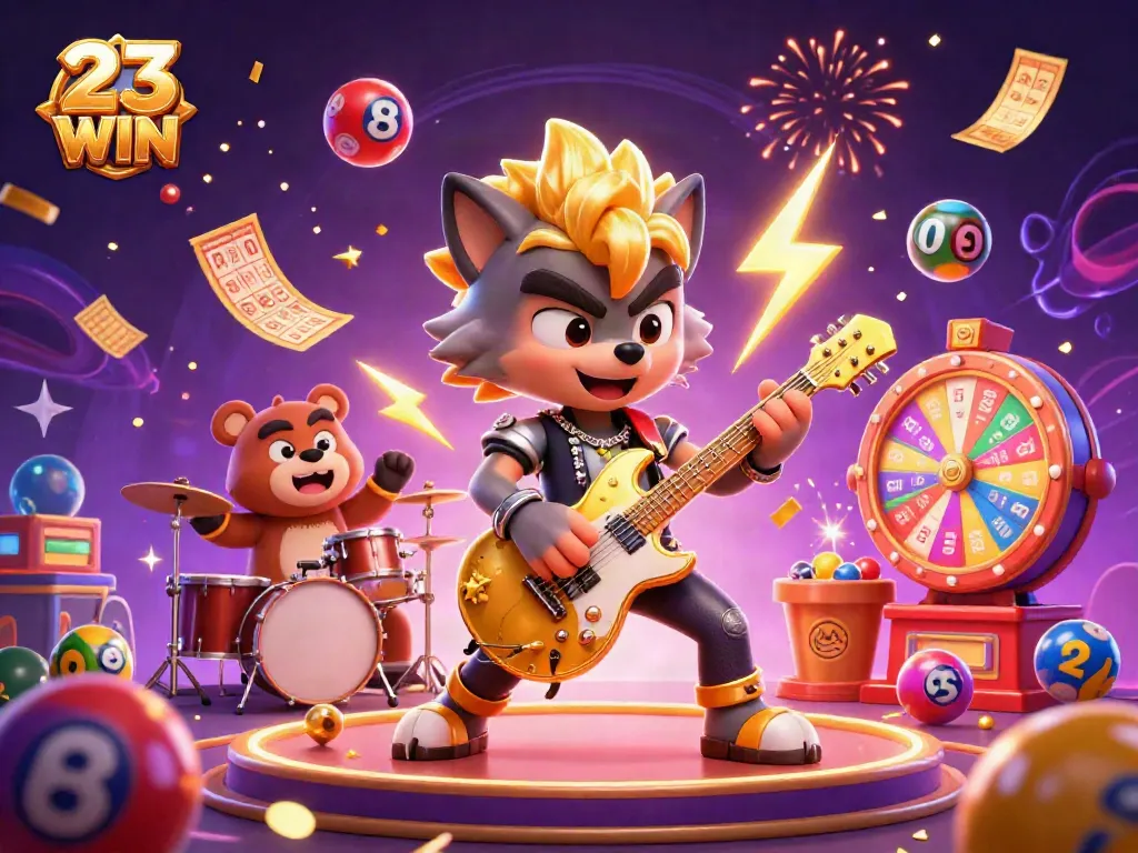 Engage with 23 WIN in a vibrant casino scene featuring lively characters and exciting game elements.