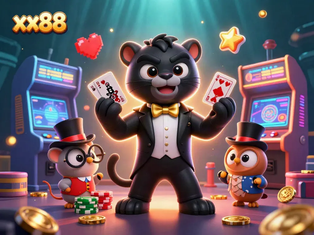 Engaging characters play at xx88, with a black panther dealer handling cards amid vibrant casino elements.