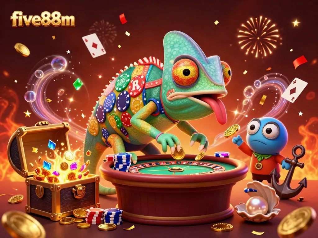 Experience excitement at five88m with a vibrant casino-themed scene featuring a chameleon owner and dynamic games.