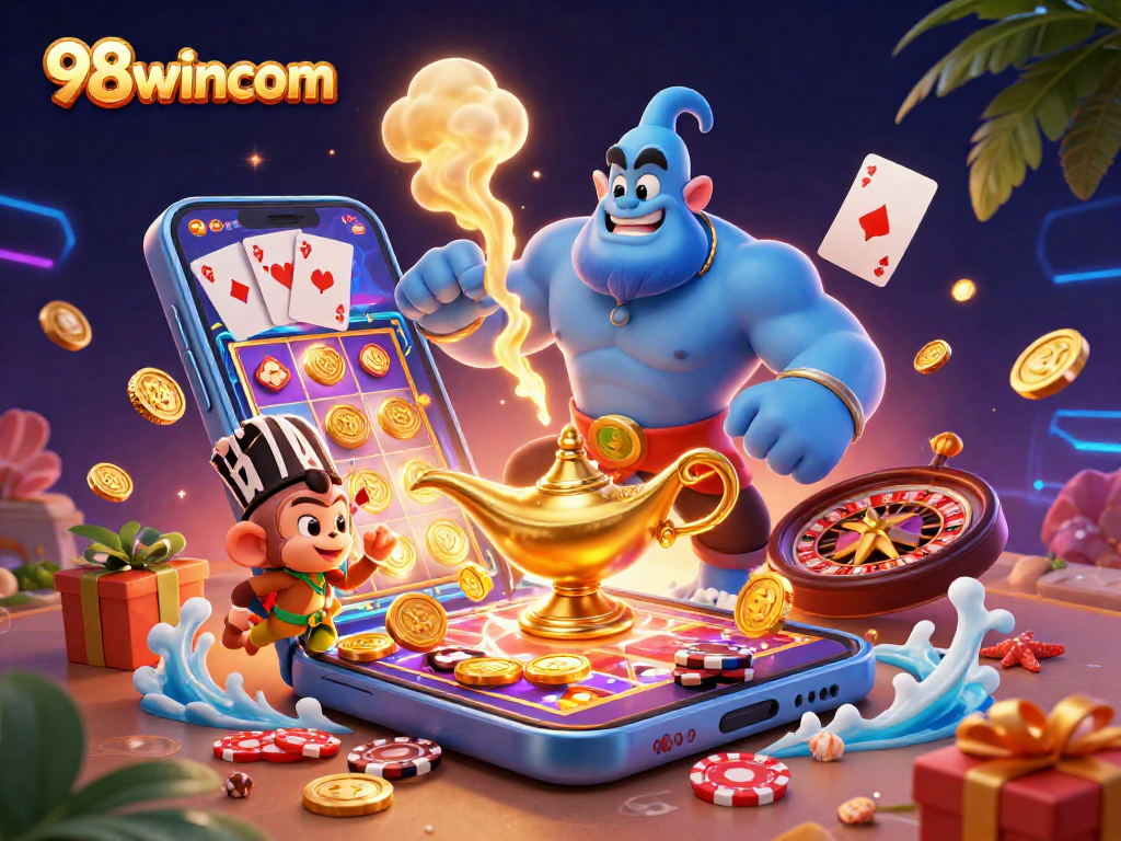 Experience the excitement of 98wincom with a vibrant casino scene featuring a genie, monkey, and colorful slot reels.