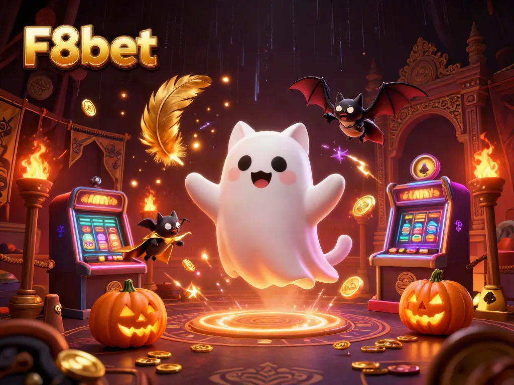 Experience the thrill of F8bet in a ghostly casino setting filled with vivid characters and gambling elements.