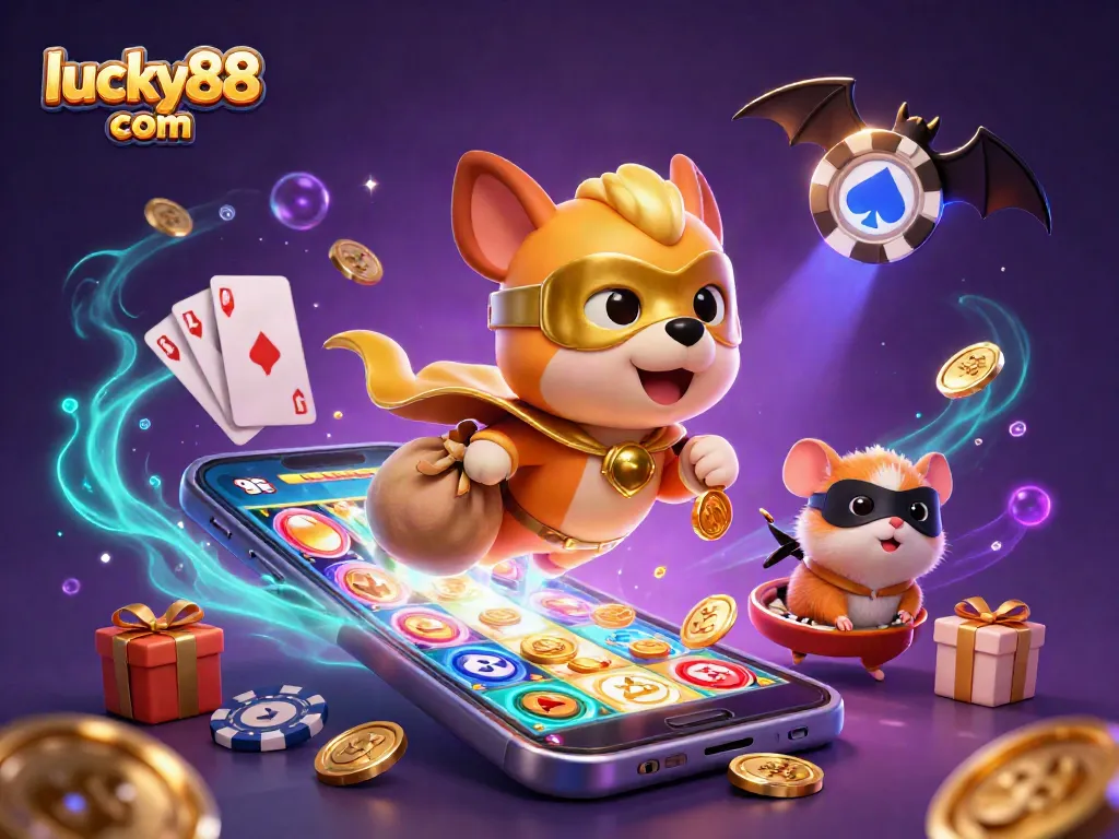 Win big with lucky88 com in vibrant casino-themed 3D illustration featuring lucky characters and exciting game elements.