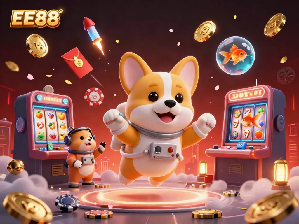 Experience the excitement of EE88 casino gaming with vibrant characters and dynamic elements in a stellar casino setting.