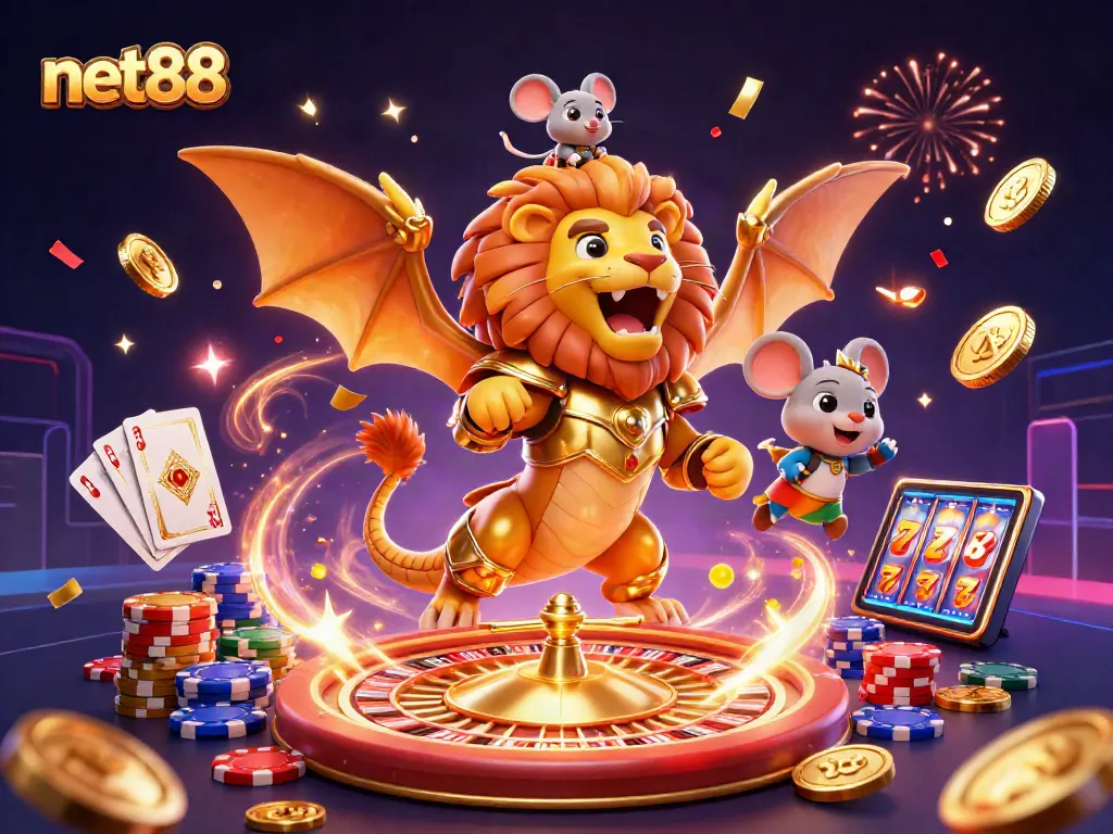 Bet on strategic wins with net88 through thrilling games featuring a golden chimera, coins, and cards.