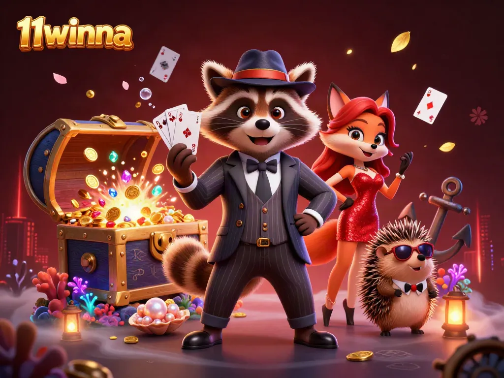 Experience the excitement of 11winna casino with a raccoon, fox, and hedgehog in an action-packed scene.