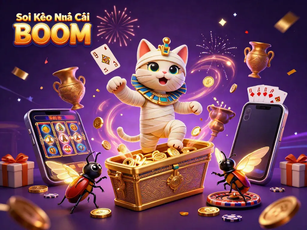 Soi Kèo Nhà Cái BOOM cosmic-themed illustration featuring a mummy cat, scarab, and casino elements