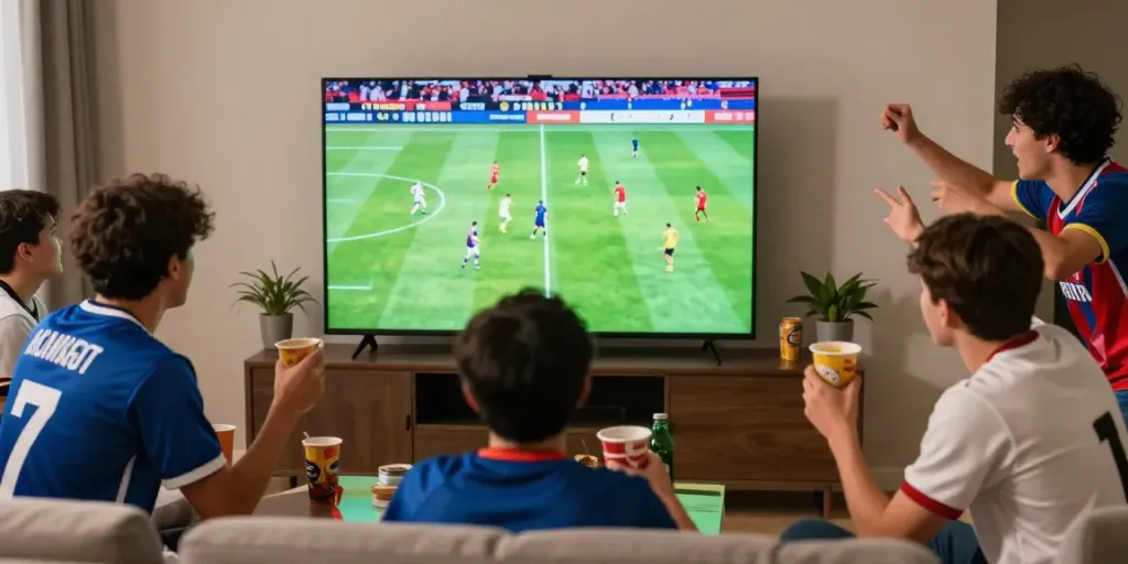 Exciting scene of football fans enjoying a live match on gavangtv with team jerseys and vibrant atmosphere.