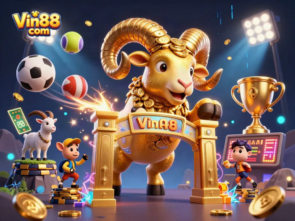 Engage in thrilling gameplay at Vin88 com with a dynamic scene featuring a golden ram and sports elements.