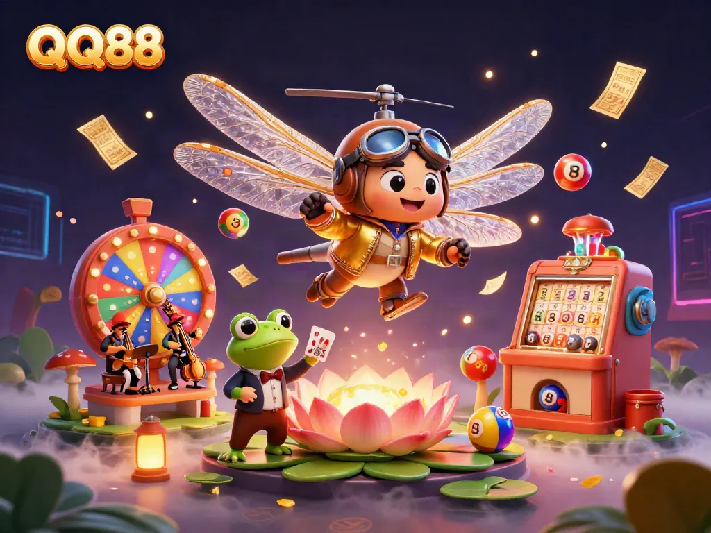 Experience the excitement of QQ88 with a dazzling illustration of a dragonfly pilot and frog croupier in a lively casino scene, showcasing dynamic lottery elements.