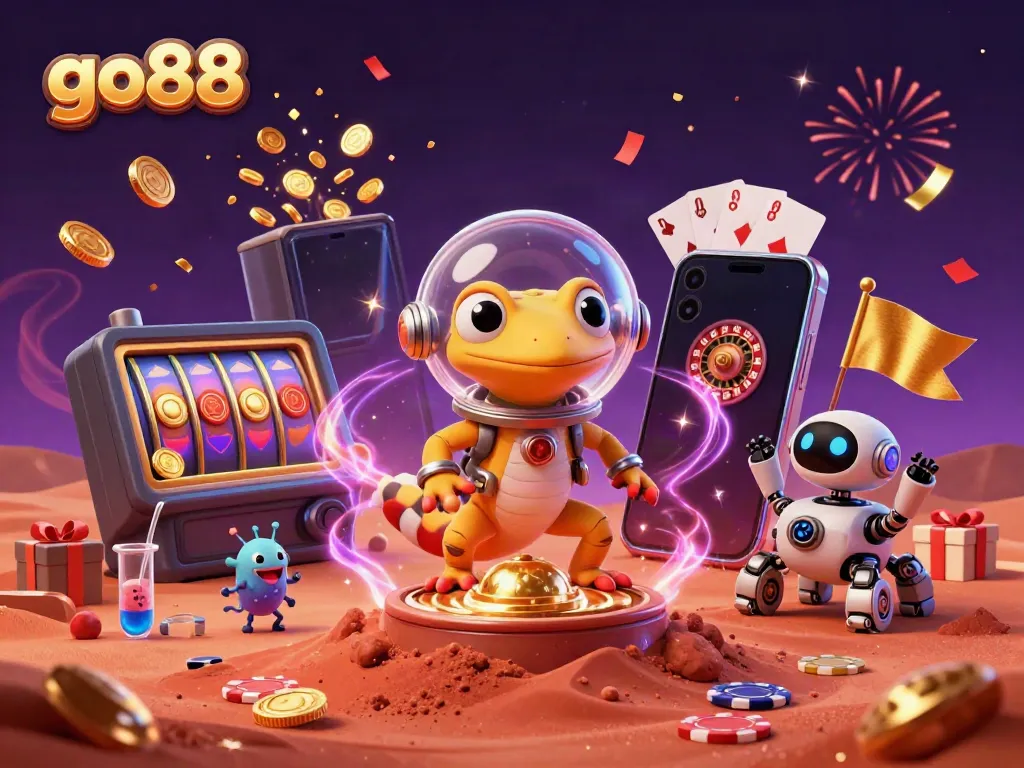 Celebrate big wins at go88 with a Martian gecko and casino treasures in a vibrant 3D scene.