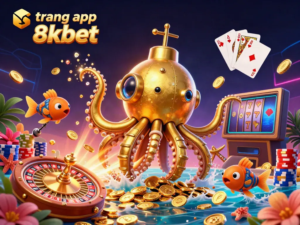 Engage with the thrilling trang app 8xbet experience featuring a golden kraken submarine amidst cascading coins and vibrant casino elements.
