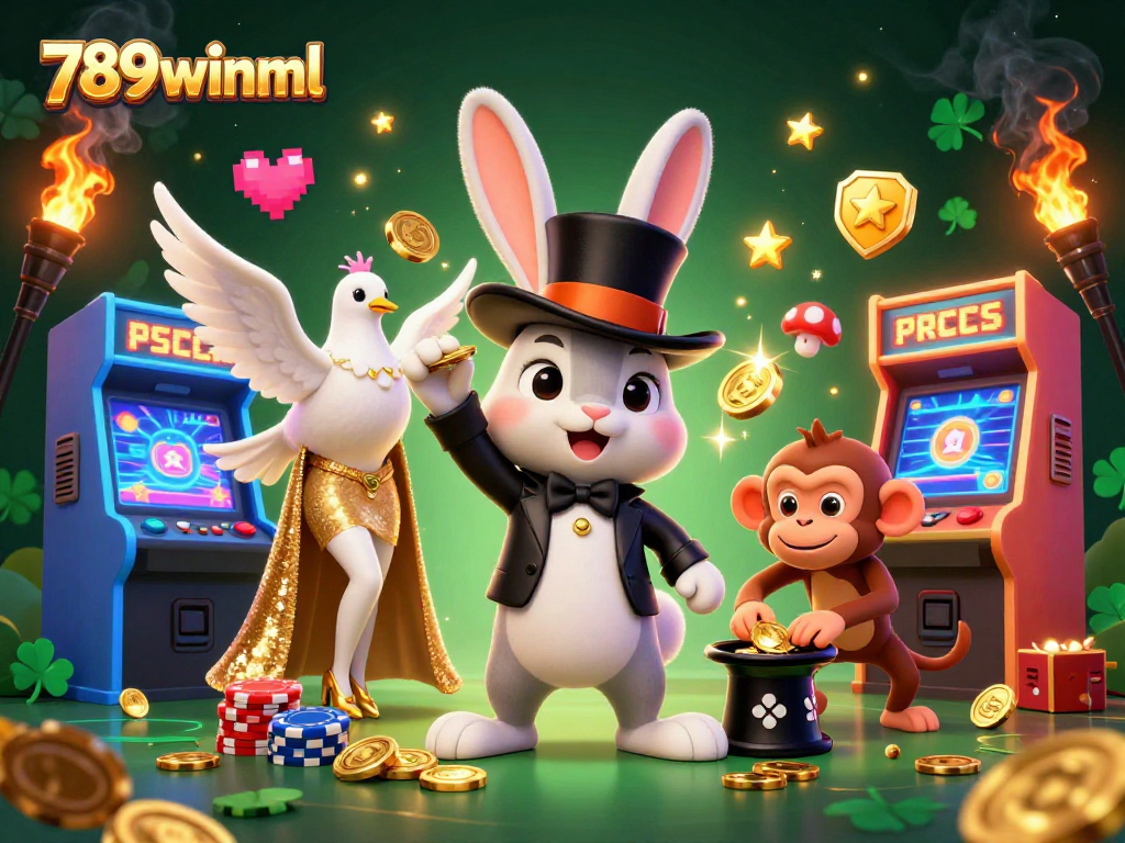 Experience the magic of winning with 789winml as the rabbit pulls gold coins from a hat amidst vibrant casino elements.