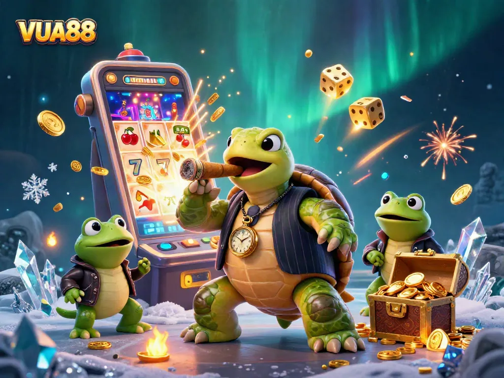 VUA88 features a lively 3D scene showcasing a turtle and bullfrogs in a vibrant casino.
