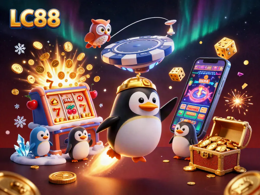 Experience the thrill of LC88 with a golden penguin in a vibrant casino universe filled with jackpots and excitement.