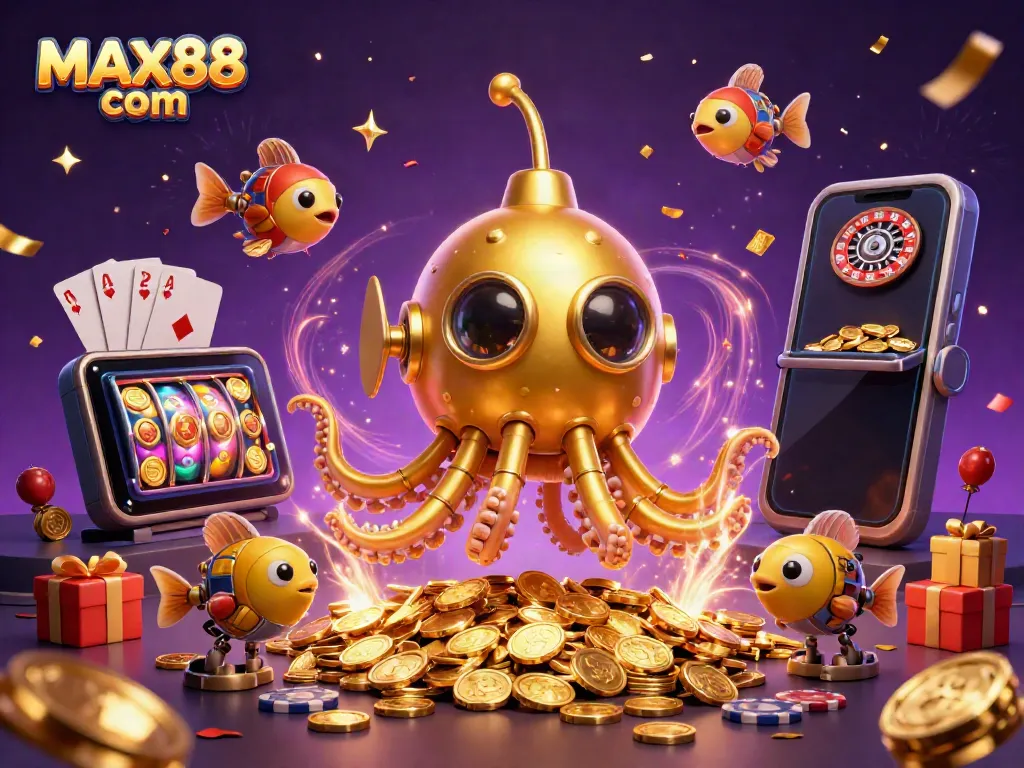 Experience thrilling wins at MAX88 com with an extravagant 3D casino illustration featuring a golden kraken and colorful games.