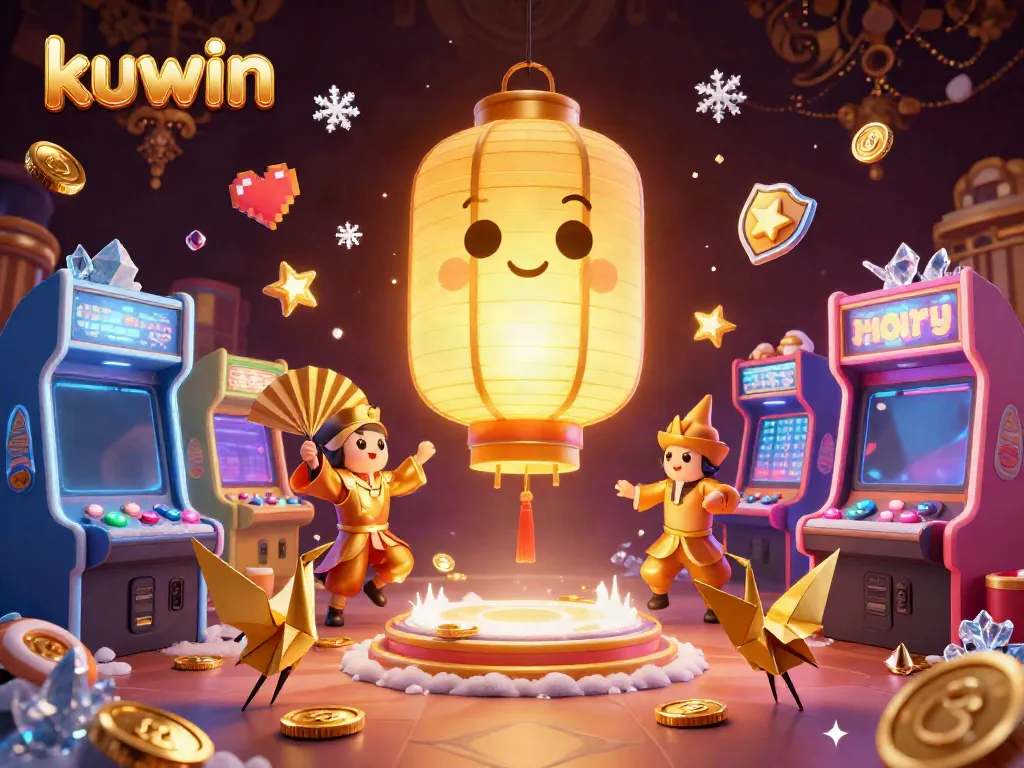 Kuwin's vibrant casino scene showcases a giant golden lantern spirit amidst gaming excitement with arcade elements and lucky symbols.