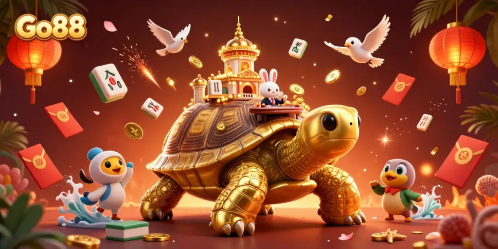 Experience thrilling gameplay at Go88 with golden tortoise and vibrant casino elements.