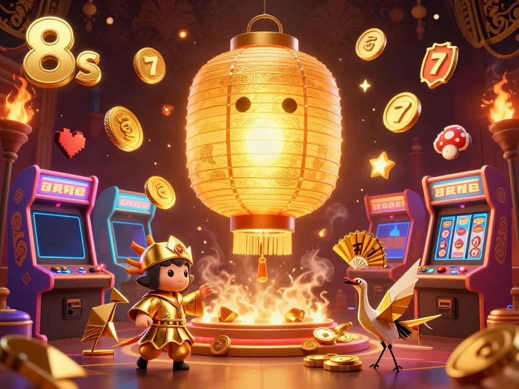 Experience the vibrant casino atmosphere with the 8s gaming scene and golden lantern spirit.