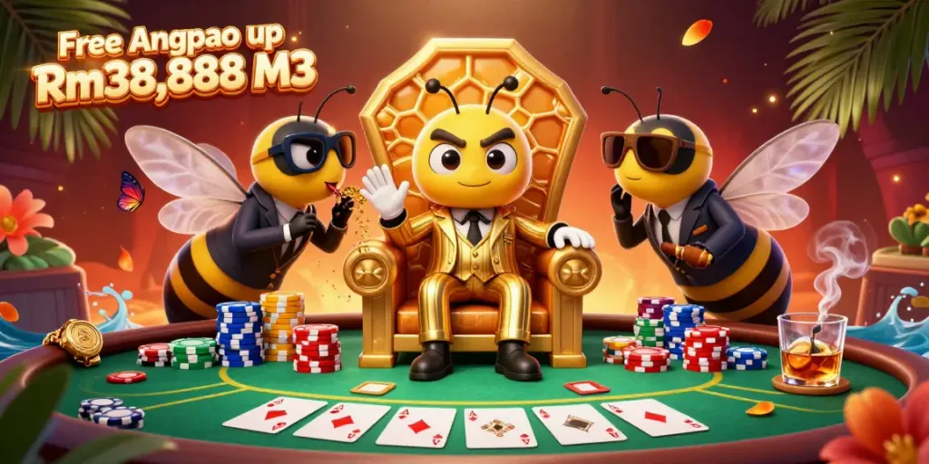 Engage with "Free Angpao up Rm38,888 M3" in a vibrant 3D casino scene highlighting animated characters and gaming elements.