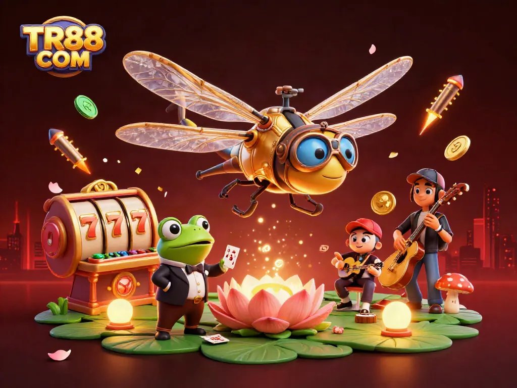 Engage in excitement at TR88 COM, where a dragonfly pilot and frog croupier bring the casino to life.