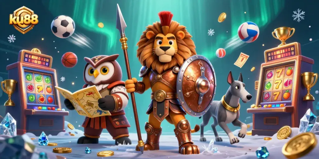 Experience thrilling slots and sports with ku88’s dynamic 3D casino illustration featuring vibrant elements.