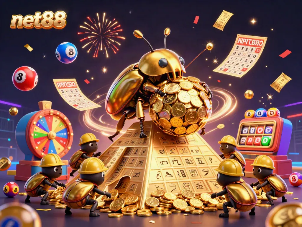 Experience the thrill of net88 with a vibrant scene showcasing a golden beetle and casino elements.