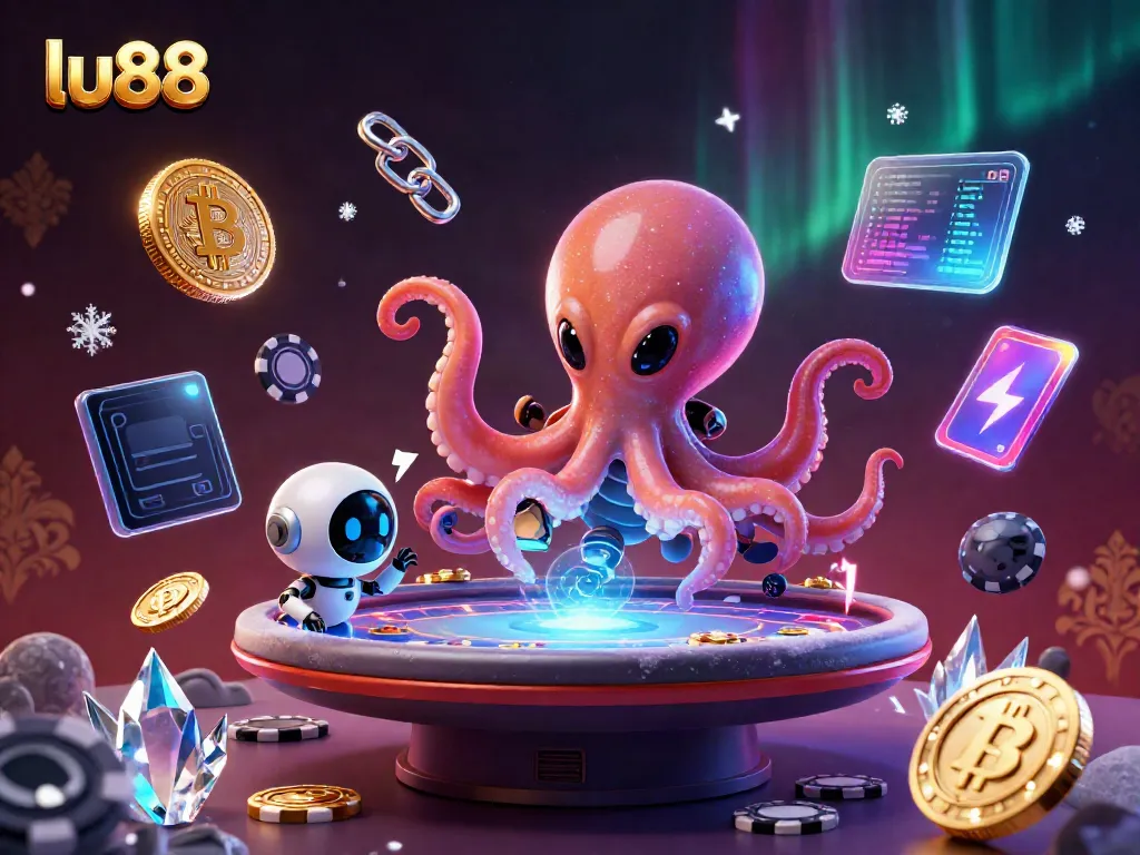 Experience the excitement at LU88 with the alien octopus running a holographic poker table amidst glowing crypto coins.