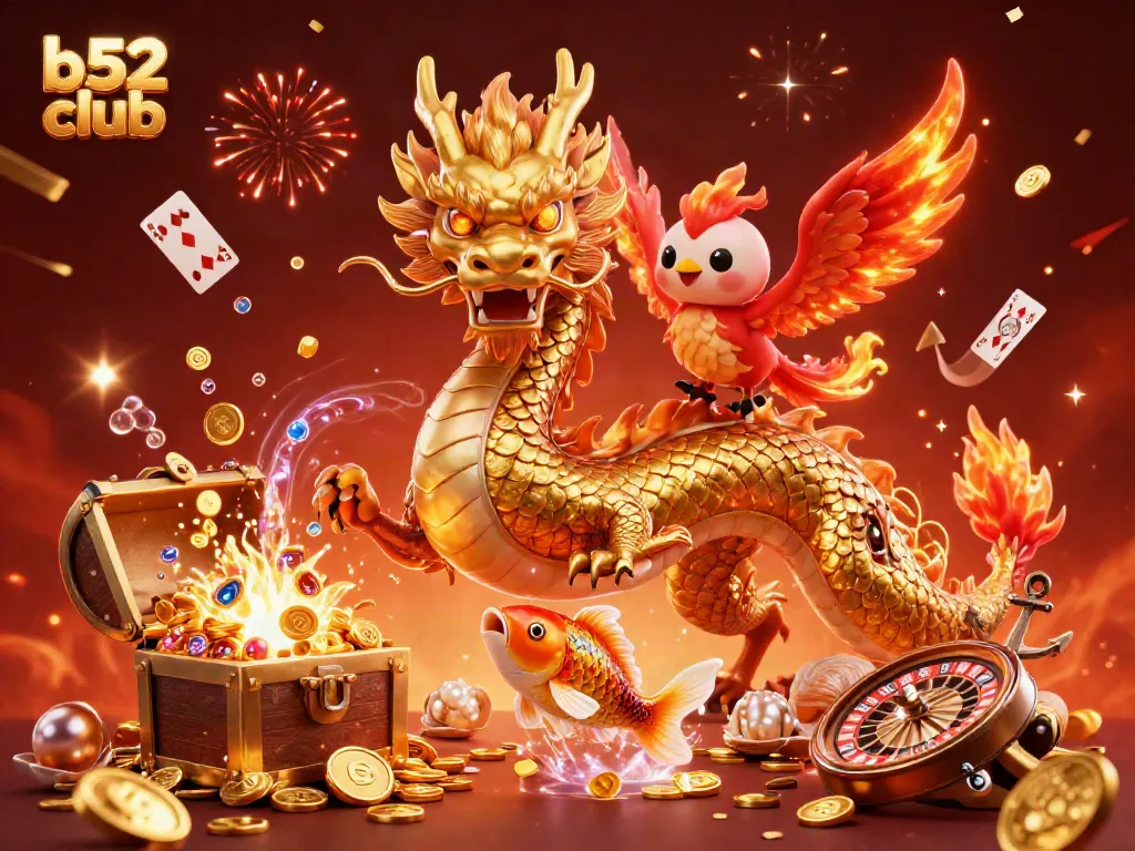 Experience thrilling gameplay at b52 club with an exciting dragon, phoenix, and koi fish surrounded by casino elements.