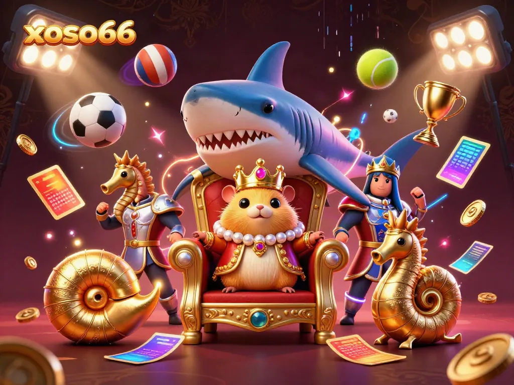 Xoso66 offers a vibrant 3D scene featuring a golden hamster king with sports elements, showcasing dynamic gambling action.