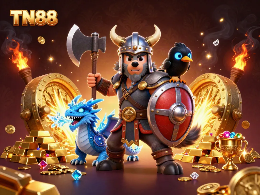 Experience the thrilling action of TN88 with a Viking warrior, dragon, and treasures in a digital casino