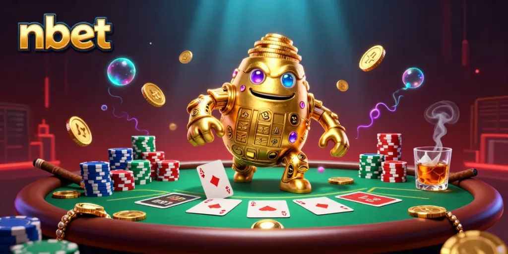 Experience thrilling nbet action with a golden golem surrounded by poker elements in a vibrant casino setting.