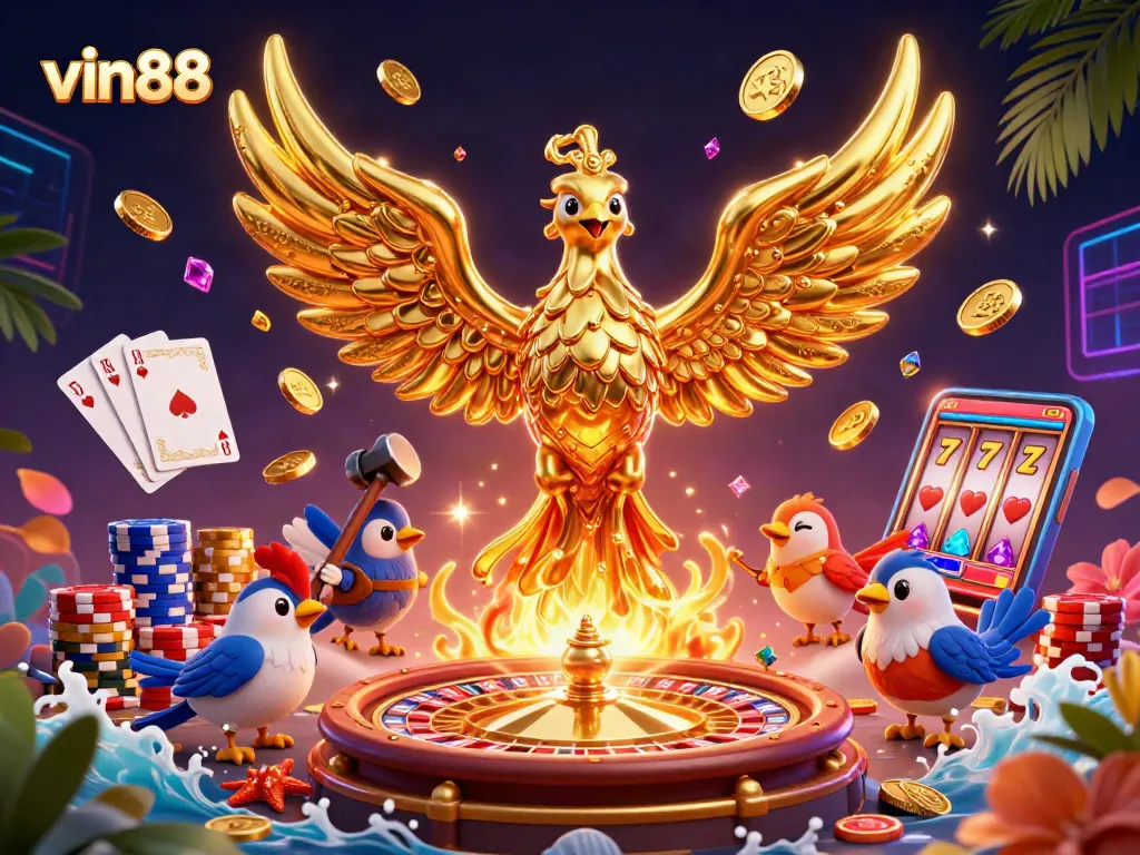 Engage with vin88 by spinning roulette wheels and winning gold coins in this vibrant casino illustration.