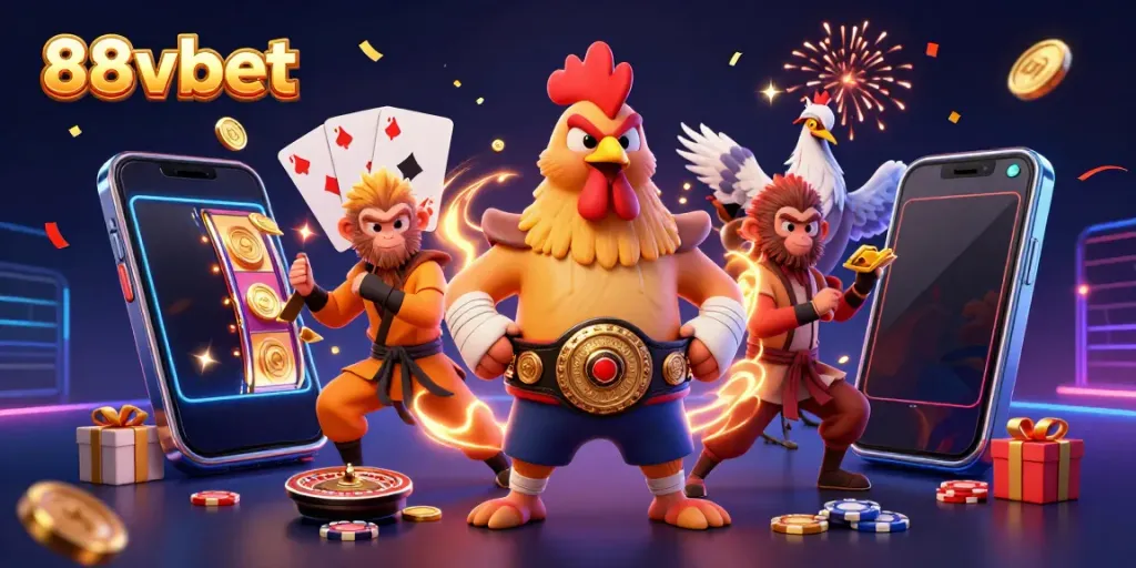 Bet on 88vbet with a colorful scene featuring a Muay Thai rooster and game elements.