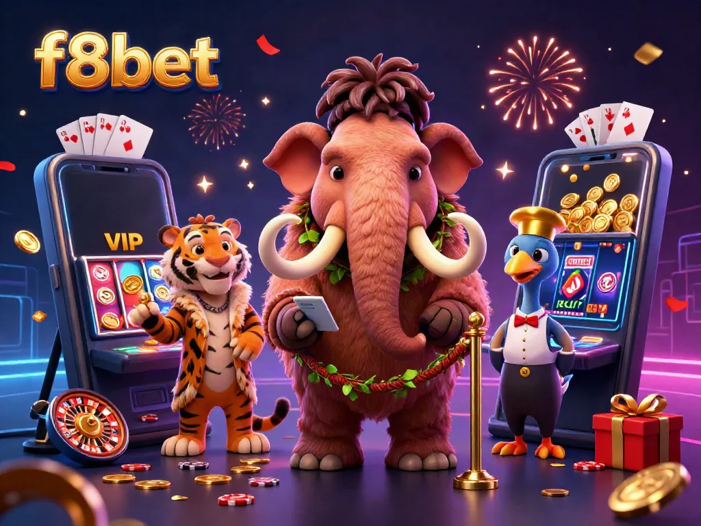 Engage in thrilling casino action with f8bet's vibrant scene featuring a woolly mammoth bouncer and saber-tooth VIP.
